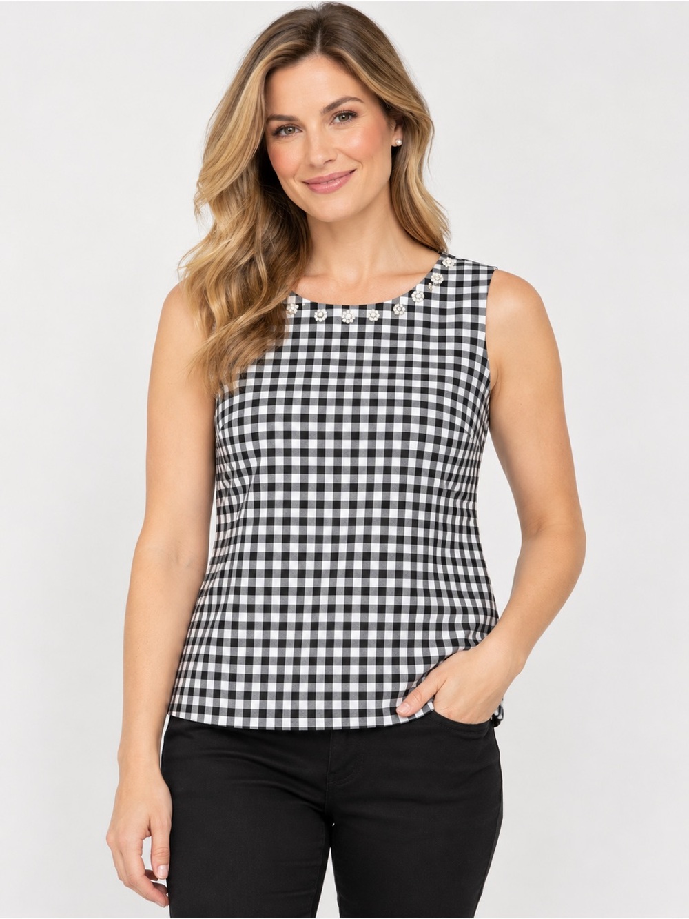 Talbots Black and White Gingham Sleeveless Top with Beaded Neckline